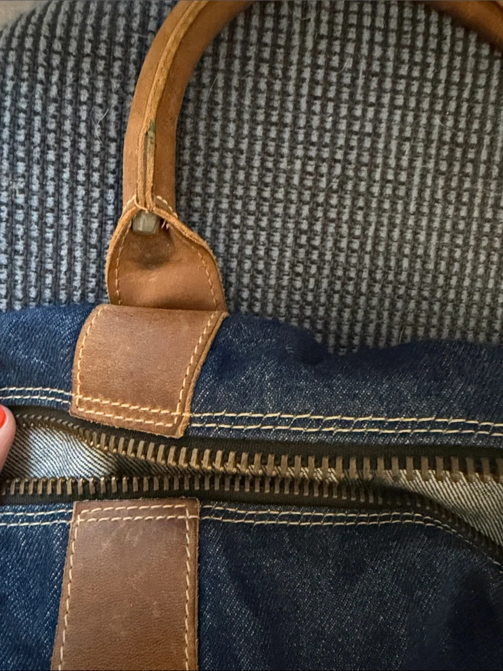 Armani Jeans Blue Denim Duffel with Brown Leather Trim